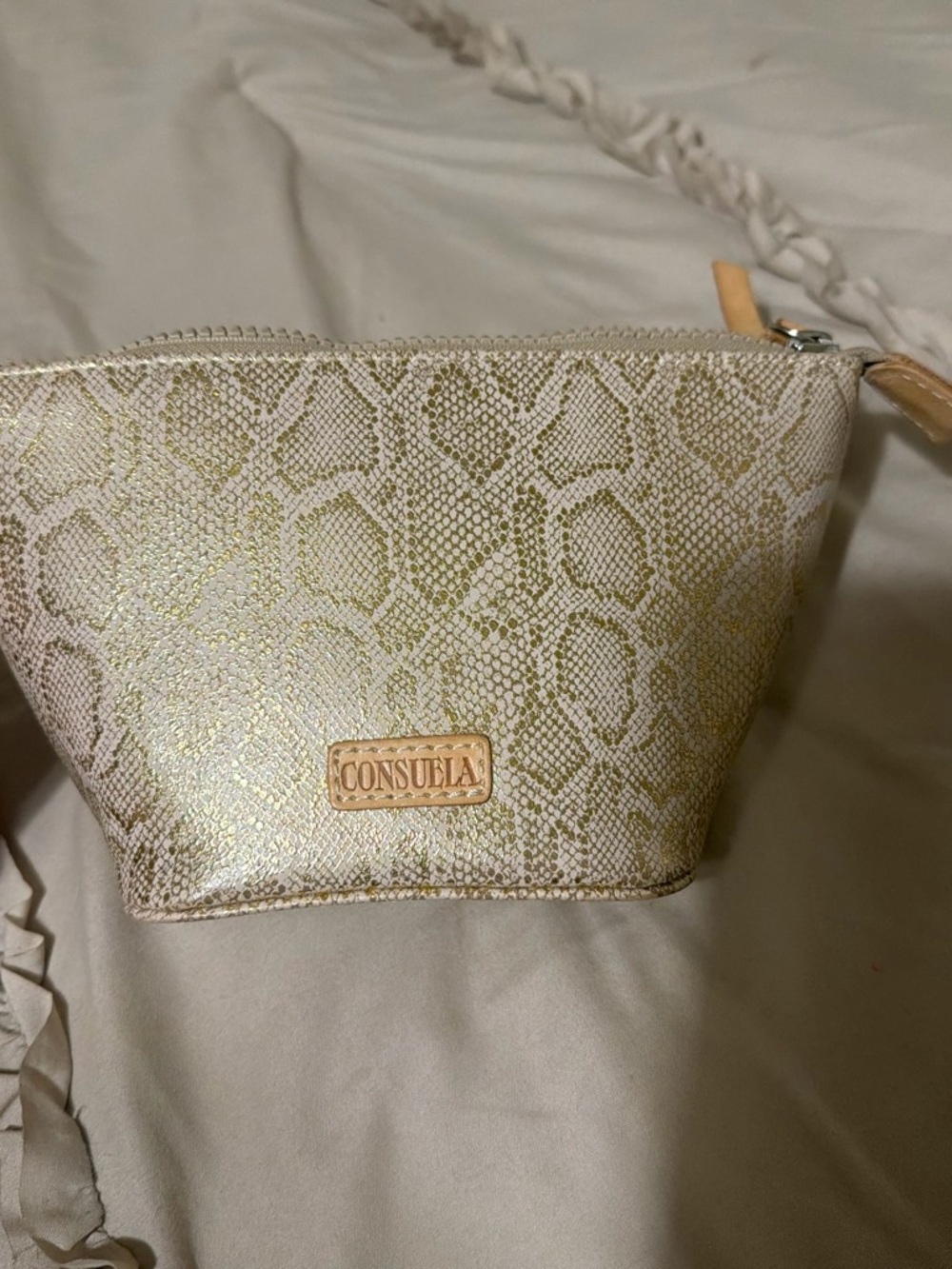 Consuela Gold Snake-Print Cosmetic Pouch with Tan Trim